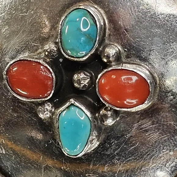 Navajo Turquoise And Coral Sterling Silver Bolo Tie Native American Vintage - Picture 4 of 11